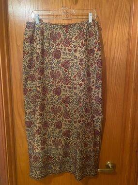 Charter Club Beige Lined  Midi Skirt with Burgundy Floral Print